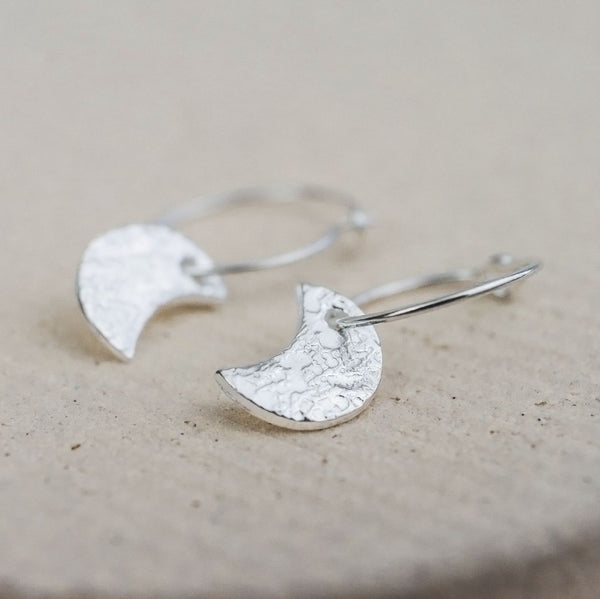 Sterling Silver Textured Moon Charm Hoops