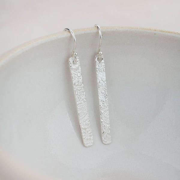 Sterling Silver Textured Long Rectangle Earrings