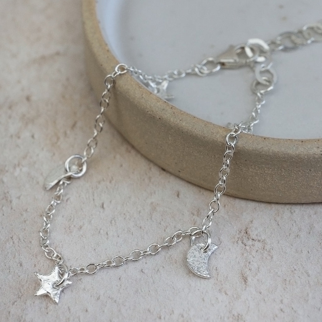 Sterling Silver Star and Moon Charm Bracelet