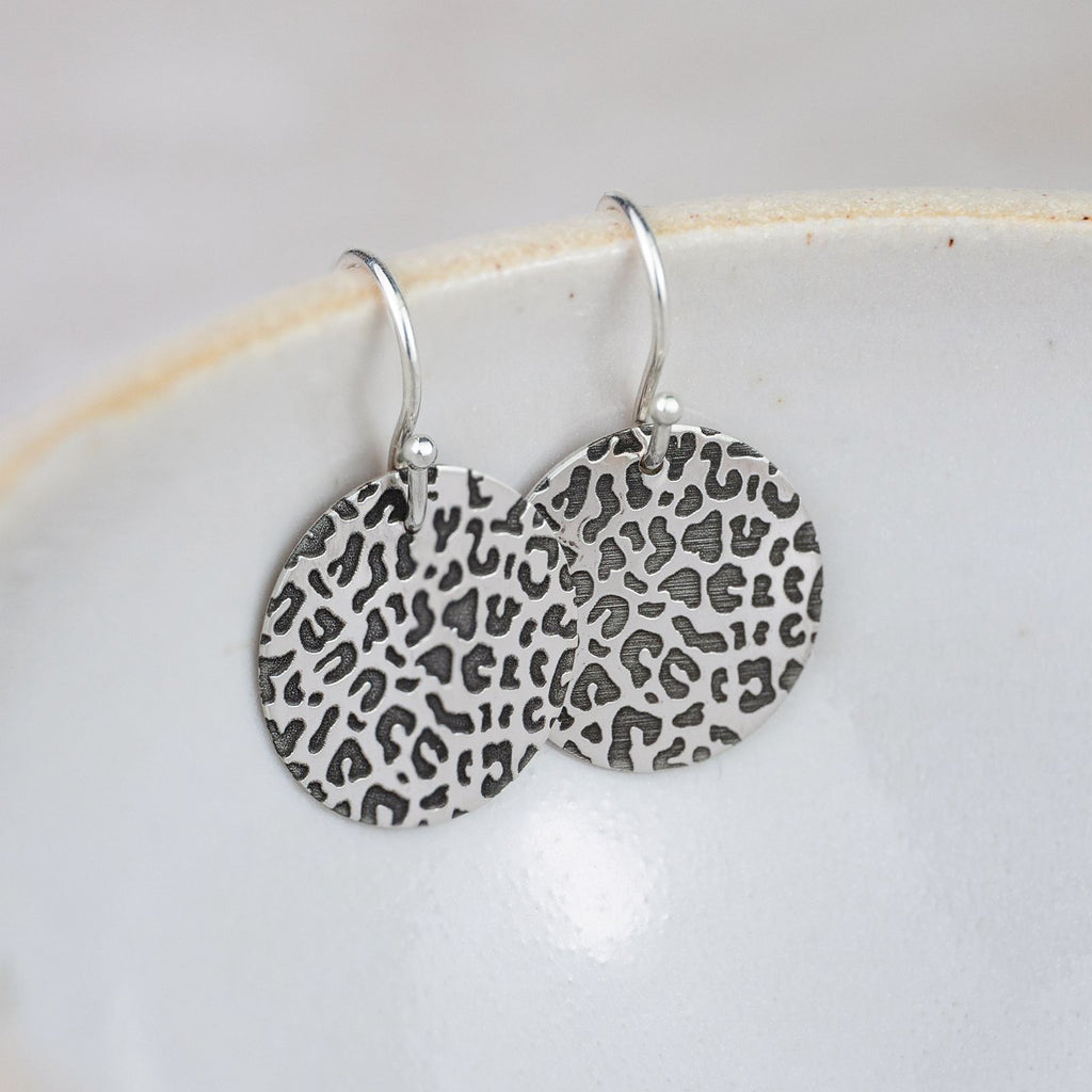 Sterling Silver Small Leopard Print Disc Earrings