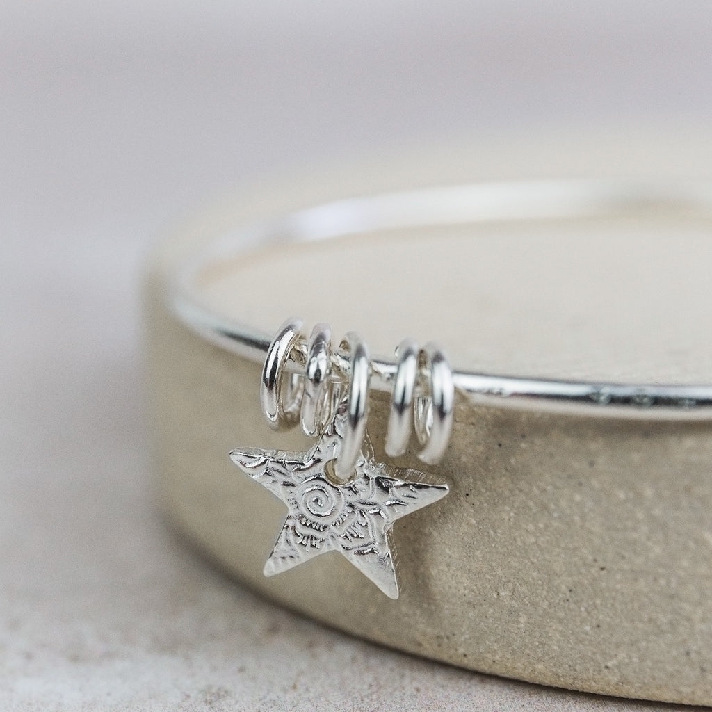 Sterling Silver Textured Star Charm Bangle