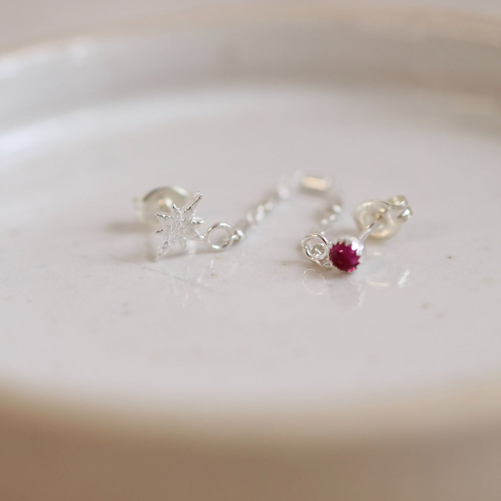 Sterling Silver Starburst Birthstone Chained Mini Studs