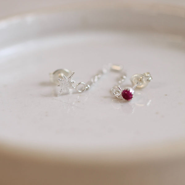 Sterling Silver Starburst Birthstone Chained Mini Studs